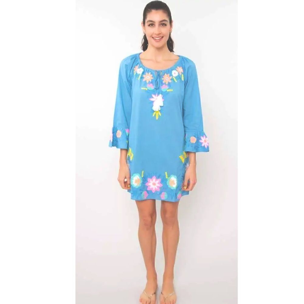 Debbie Katz South Beach Blue Violetta Embroidered Floral Tunic 100% Cotton Sz S